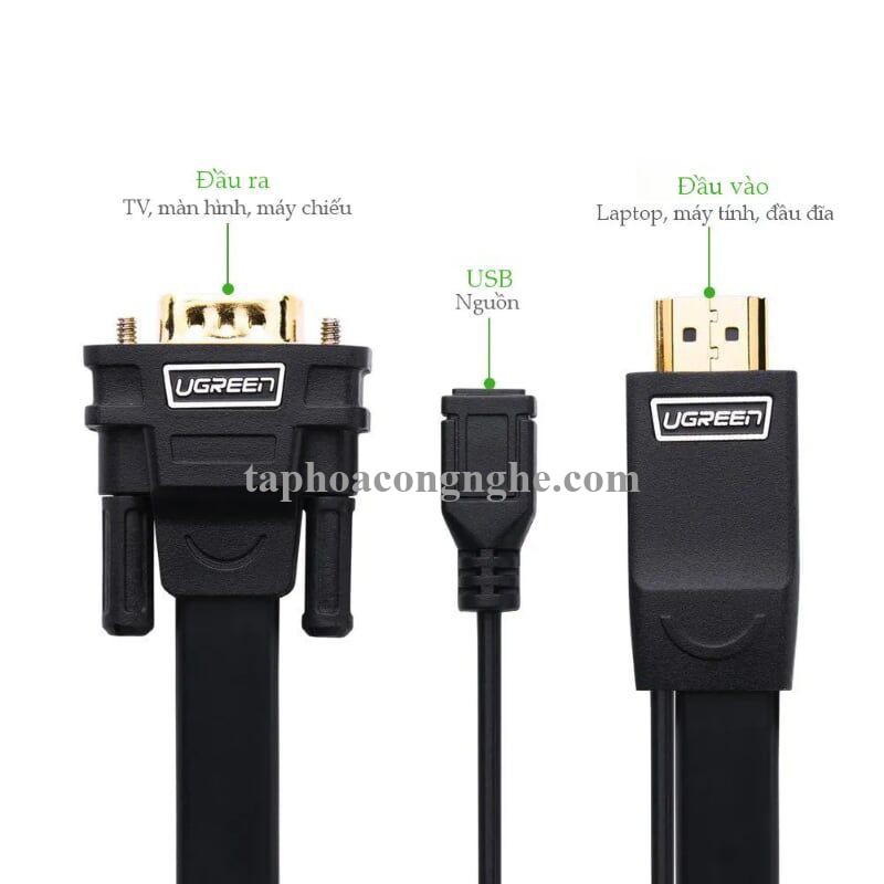 Ugreen 40232 3M màu Đen Cáp chuyển đỗi HDMI sang VGA kèm cổng trợ nguồn Micro USB MM101 30040232